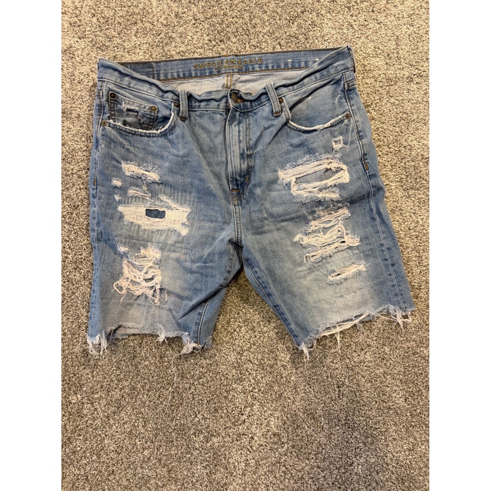 American Eagle Denim Shorts Mens 36 Blue Distressed Ripped Raw Hem 100% Cotton